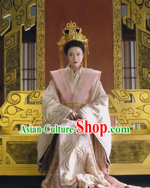 Chinese Ancient Royal Empress Rong Le Pink Historical Drama Princess Silver Costume and Headpiece for Women