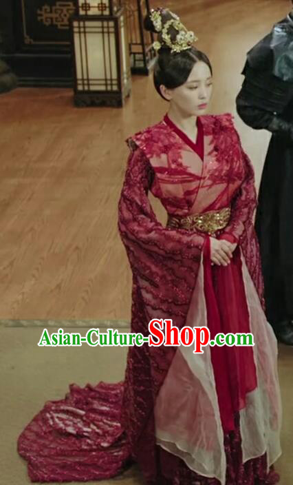 Chinese Ancient Imperial Consort Ban Ling Er Red Hanfu Dress Historical Drama Legend of the Phoenix Costume and Headpiece for Women