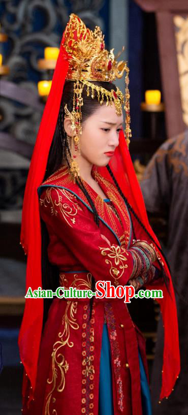 Chinese Ancient Princess Li Mingyue Wedding Red Hanfu Dress Historical Drama The Love By Hypnotic Costume and Headpiece for Women