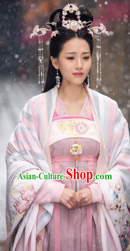 Chinese Ancient Noble Princess Qiao Huixin Pink Hanfu Dress Historical Drama The Love By Hypnotic Costume and Headpiece for Women
