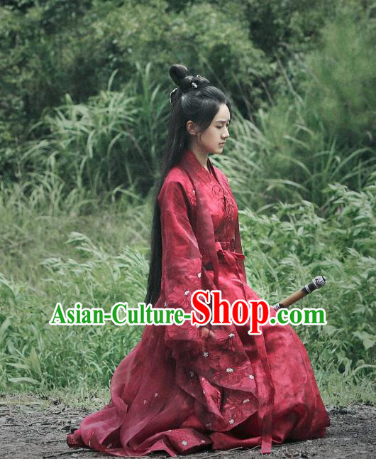 Chinese Ancient Demon Swordsman Shu Jingrong Red Hanfu Dress Historical Drama Listening Snow Tower Costume and Headpiece for Women