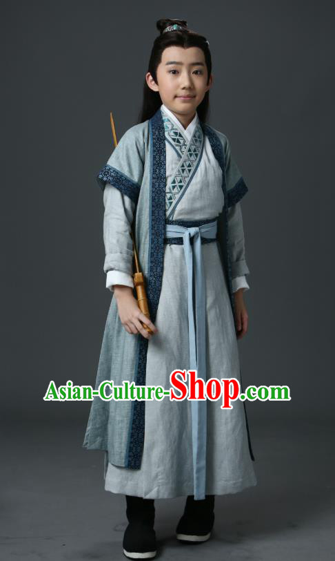 Listening Snow Tower Chinese Historical Drama Ancient Swordsman Qing Yu Costume and Headwear for Kids