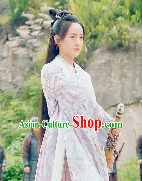 Chinese Ancient Demon Swordsman Shu Jingrong Pink Hanfu Dress Historical Drama Listening Snow Tower Costume and Headpiece for Women