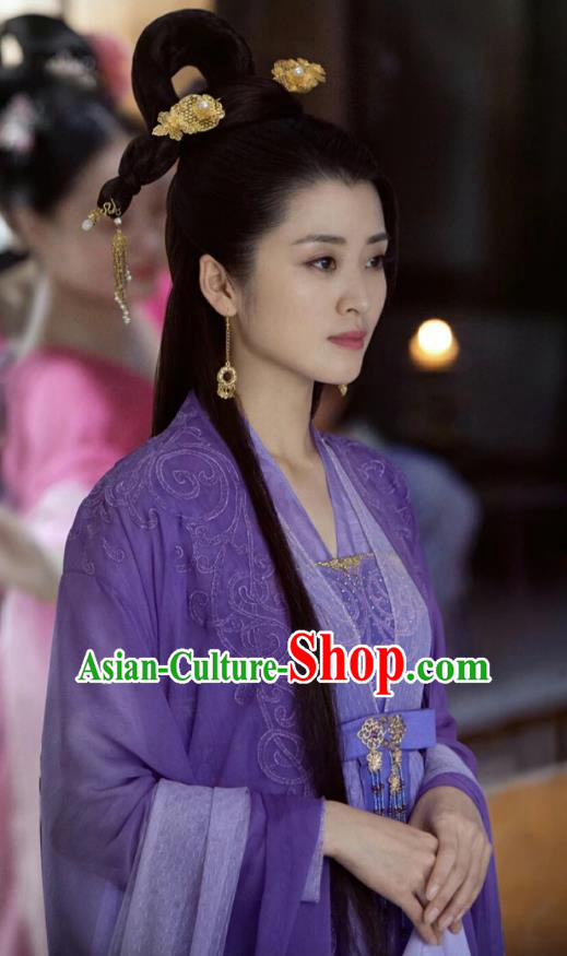 Chinese Ancient Female Swordsman Zi Mo Purple Hanfu Dress Historical Drama Listening Snow Tower Costume and Headpiece for Women