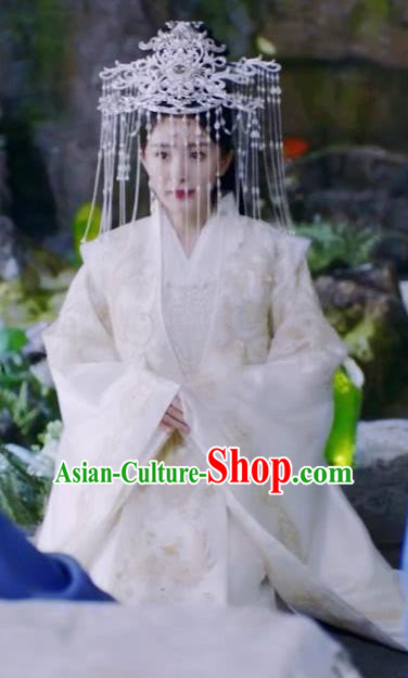 Chinese Ancient Goddess Drama Sansheng Sanshi Pillow Eternal Love Bai Qian Wedding Costume and Headpiece Complete Set