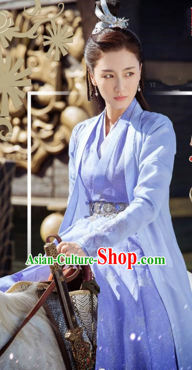 Chinese Ancient Ming Dynasty Female Swordsman Blue Dress Drama Under the Power Shangguan Xi Costume and Headpiece for Women