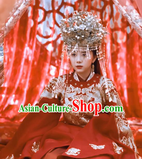 Chinese Ancient Ming Dynasty Bride Wedding Red Dress Drama Under the Power Yuan Jinxia Costume and Headpiece for Women