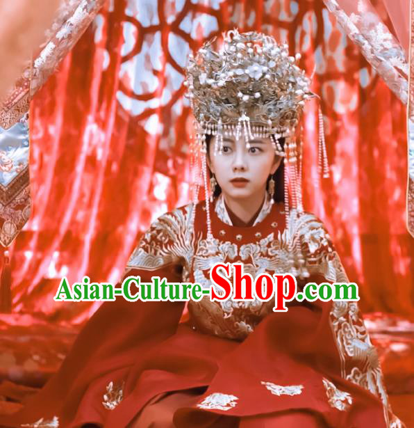 Chinese Ancient Ming Dynasty Bride Wedding Red Dress Drama Under the Power Yuan Jinxia Costume and Headpiece for Women