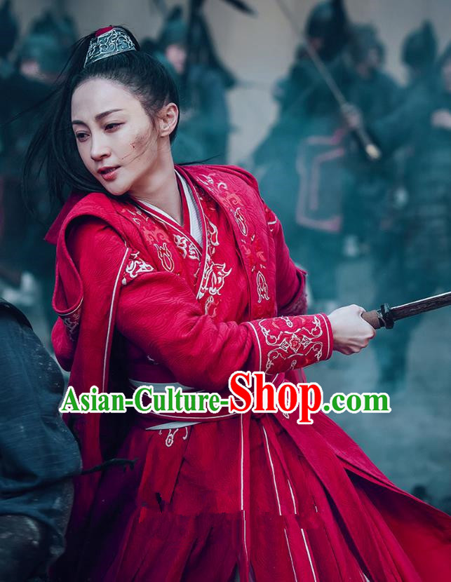 Chinese Ancient Female Swordsman Ye Zhen Red Dress Historical Drama Sword Dynasty Costume and Headpiece for Women
