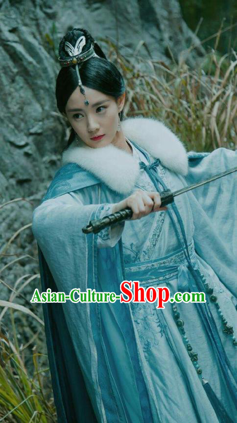 Chinese Ancient Swordswoman Zhangsun Qianxue Blue Dress Historical Drama Sword Dynasty Costume and Headpiece for Women