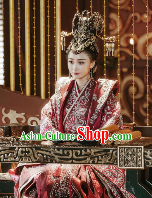 Chinese Ancient Empress Ye Zhen Red Dress Historical Drama Sword Dynasty Yao Di Costume and Headpiece for Women