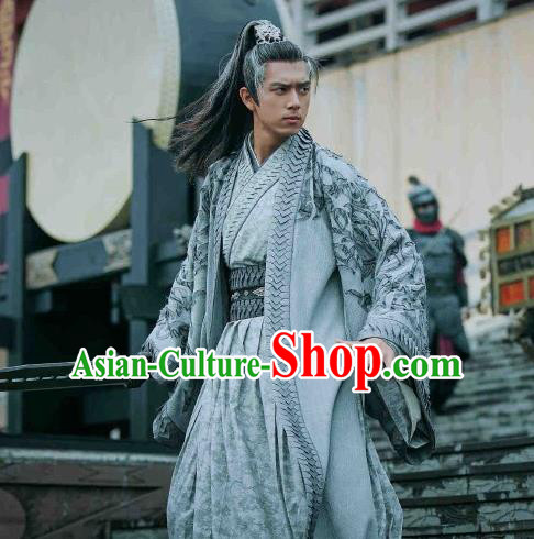 Drama Sword Dynasty Chinese Ancient Swordsman Knight Ding Ning Costume and Headpiece Complete Set