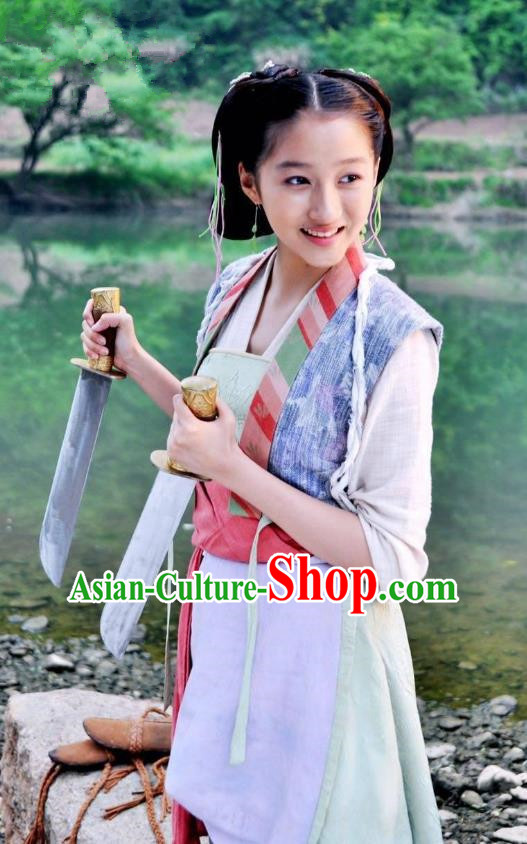 Chinese Ancient Tang Dynasty Female Civilian Shui Lian Dress Historical Drama Dagger Mastery Guan Xiaotong Costume and Headpiece for Women