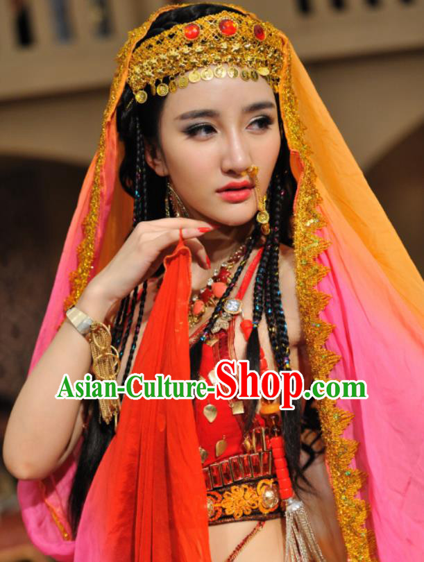Chinese Ancient Tang Dynasty Persia Lady Dress Historical Drama Dagger Mastery Sai Ma Costume and Headpiece for Women