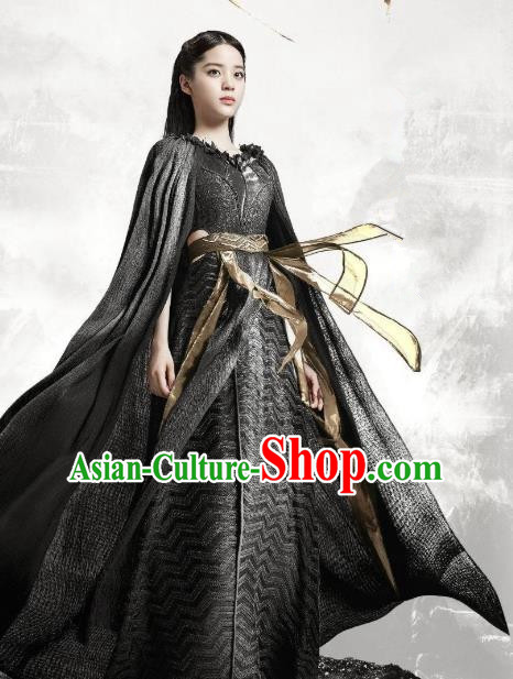 Chinese Ancient Female Swordsman Goddess Luo Li Black Dress Historical Drama The Great Ruler Costume and Headpiece for Women