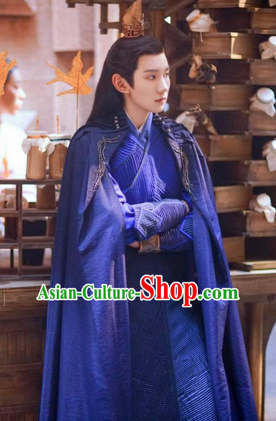 Drama The Great Ruler Chinese Ancient Young Swordsman Mu Chen Blue Costume and Headpiece Complete Set