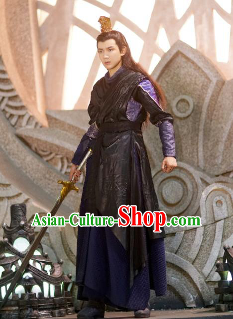 Drama The Great Ruler Chinese Ancient Swordsman Mu Chen Costume and Headpiece Complete Set