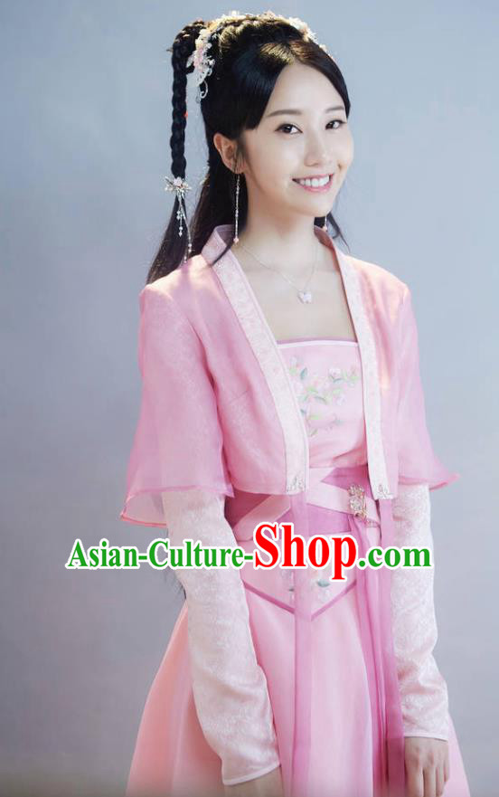 Chinese Ancient Young Lady Sheng Sheng Pink Dress Historical Drama Cinderella Chef Costume and Headpiece for Women