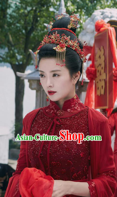 Chinese Ancient Noble Lady Ye Jiayao Wedding Red Dress Historical Drama Cinderella Chef Costume and Headpiece for Women