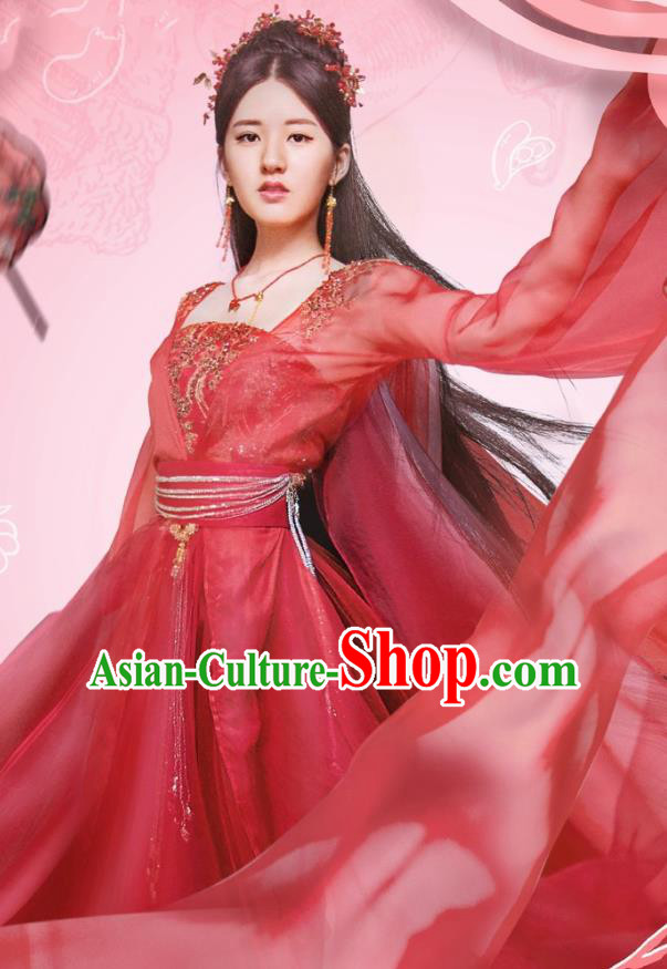 Chinese Ancient Courtesan Liu Yiyi Red Dress Historical Drama Cinderella Chef Costume and Headpiece for Women