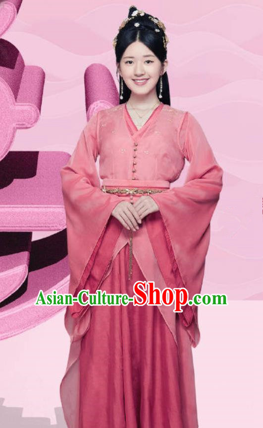 Chinese Ancient Courtesan Liu Yiyi Pink Dress Historical Drama Cinderella Chef Costume and Headpiece for Women