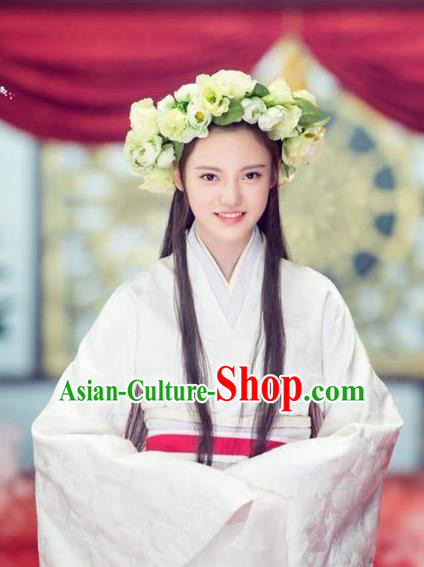 Chinese Ancient Qin Dynasty Noble Lady Tian Yi White Dress Historical Drama Hero Dream Costume and Headpiece for Women