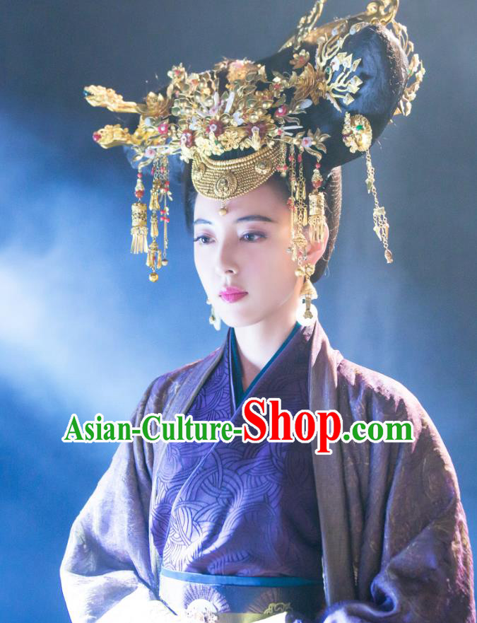 Chinese Ancient Han Dynasty Empress Lv Zhi Purple Dress Historical Drama Hero Dream Costume and Headpiece for Women