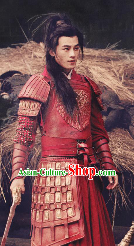 Drama Hero Dream Chinese Ancient Han Dynasty General Han Xin Red Armor Costume and Headpiece Complete Set