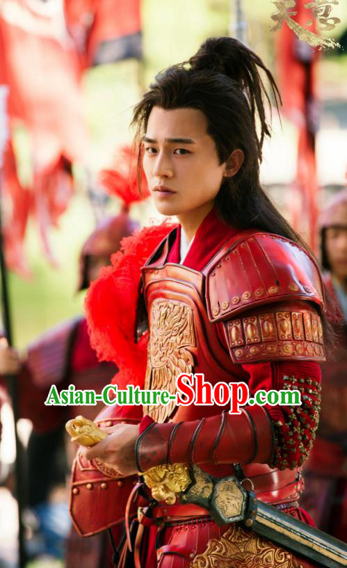 Drama Hero Dream Chinese Ancient Han Dynasty General Han Xin Red Armor Costume and Headpiece Complete Set