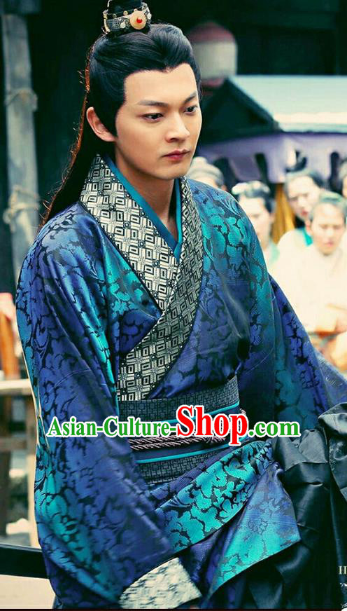 Drama Hero Dream Chinese Ancient Han Dynasty Swordsman Jia Sidao Costume and Headpiece Complete Set