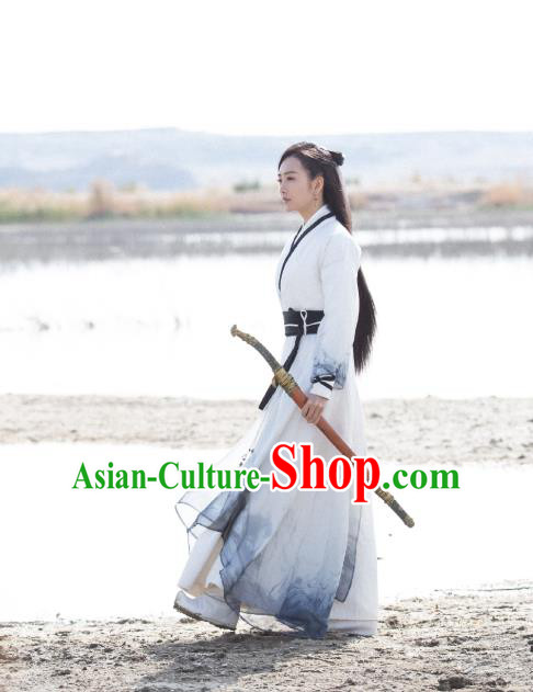 Chinese Ancient Swordsman Yu Wei White Dress Historical Drama The Legend of Jade Sword Wang Ou Costume and Headpiece for Women
