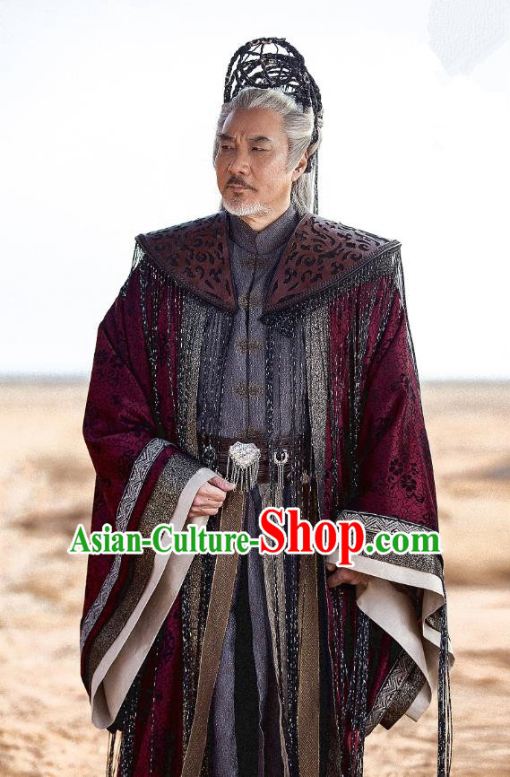Drama The Legend of Jade Sword Chinese Ancient Taoist Priest Xuan Ji Purplish Red Costume and Headpiece Complete Set