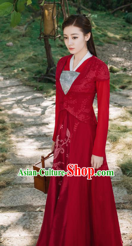 Chinese Ancient Goddess Princess Bai Fengjiu Red Dress Drama Sansheng Sanshi Pillow Eternal Love of Dream Costume and Headpiece Complete Set