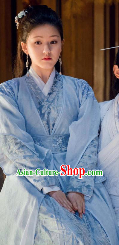 Chinese Ancient Blue Hanfu Dress and Hair Accessories Historical Drama Love of Thousand Years Across Swordswoman Tan Chuan Costumes