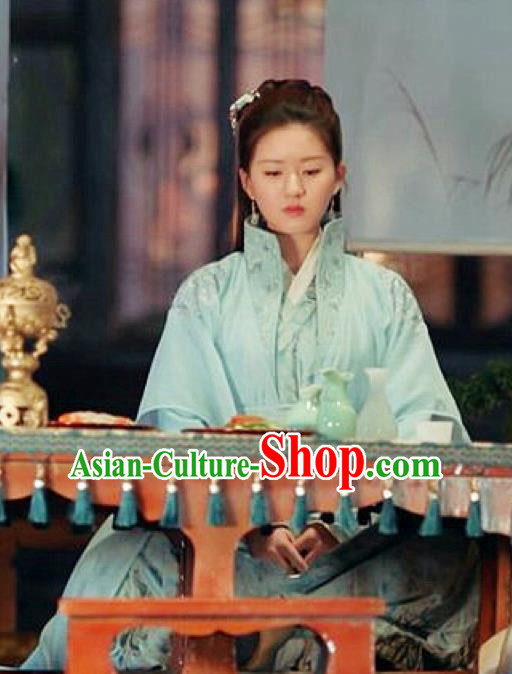 Chinese Ancient Princess Blue Hanfu Dress and Hair Jewelry Historical Drama Love of Thousand Years Across Tan Chuan Costumes