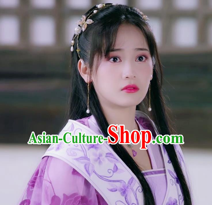 Chinese Ancient Noble Lady Lin Luojing Lilac Dress Historical Drama Jueshi Qianjin Costume and Headpiece for Women