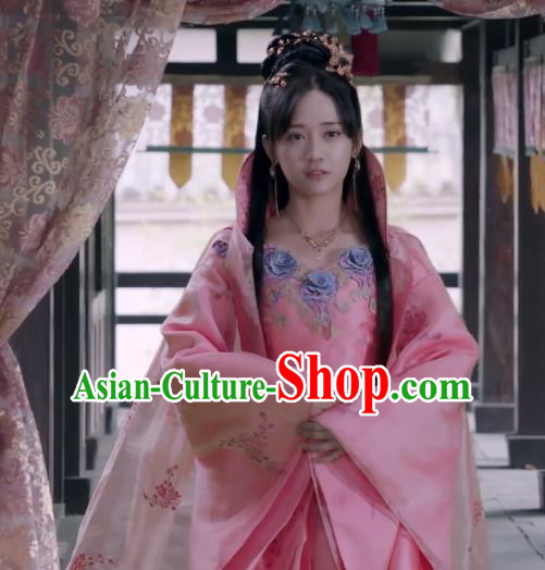 Chinese Ancient Princess Consort Lin Luojing Pink Dress Historical Drama Jueshi Qianjin Costume and Headpiece for Women
