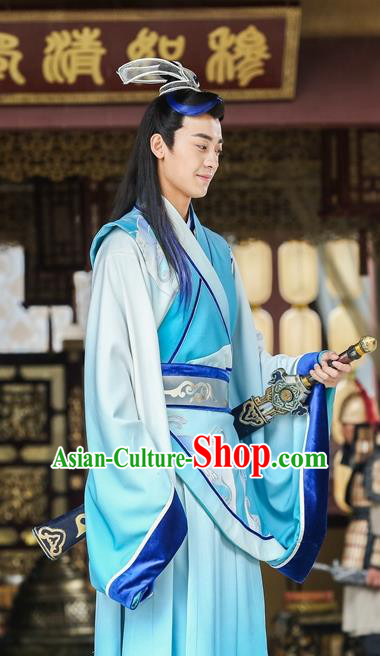 Drama Men with Sword Chinese Ancient Childe Swordsman Gongsun Qian Costume and Headpiece Complete Set