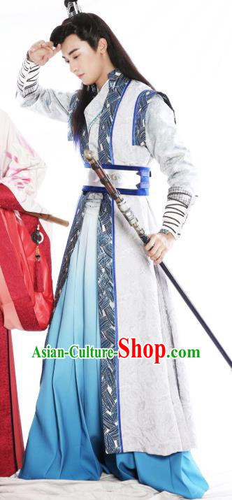 Drama Men with Sword Chinese Ancient Swordsman Gongsun Qian Costume and Headpiece Complete Set
