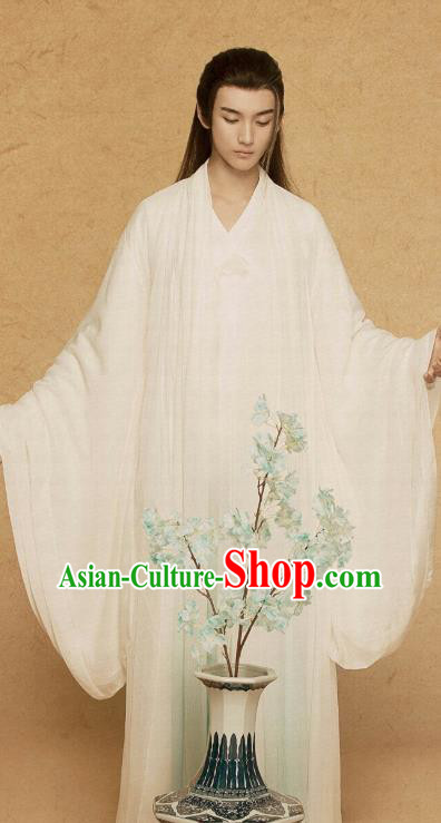 Chinese Ancient Scholar White Apparel Clothing and Jade Hairpin Drama Pingli Fox Childe Bai Sheng Costumes and Headwear