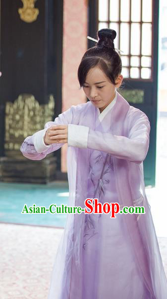 Chinese Ancient Female Swordsman Lilac Dress Historical Drama Pingli Fox Zheng Xuejing Costumes and Hair Accessories
