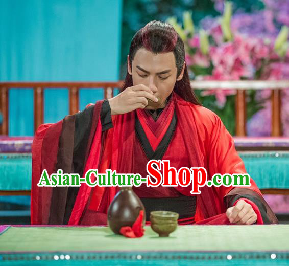 Chinese Ancient King Red Clothing and Jade Hairpin Drama Pingli Fox Yu Yan Apparel Costumes