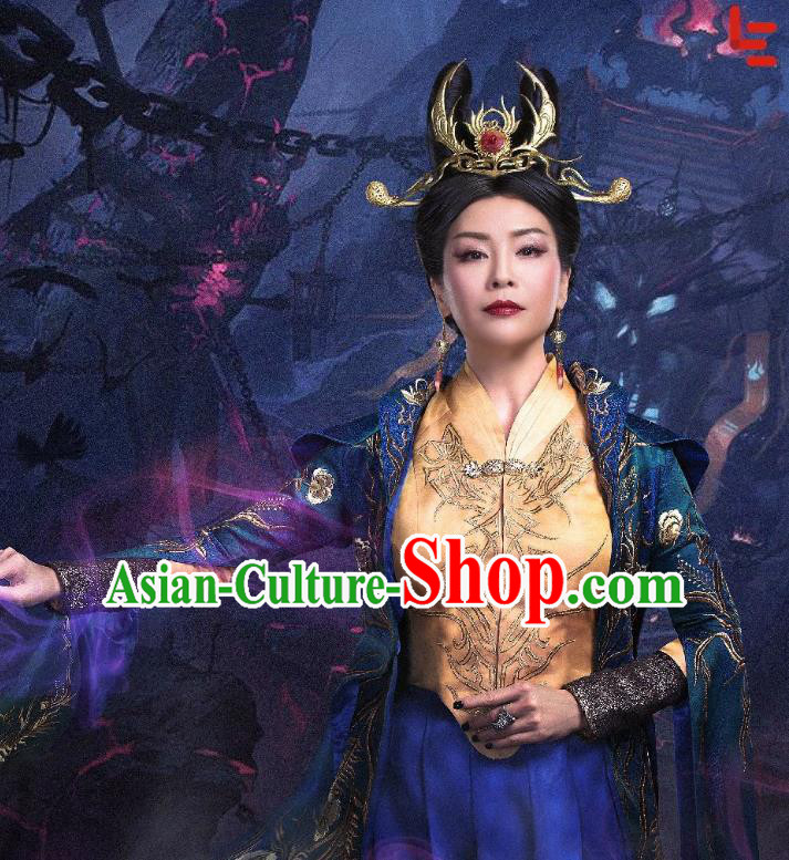 Chinese Ancient Queen Mother Dress Historical Drama The Taosim Crandmaster Empress Costumes and Hair Crown