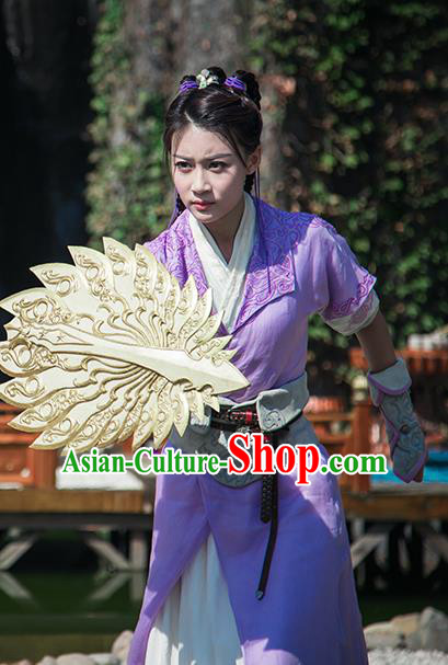 Chinese Ancient Female Swordsman Purple Dress Historical Drama The Taosim Crandmaster Donghuang Xiao Yu Costumes and Hair Accessories