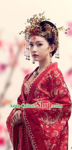 Chinese Ancient Noble Lady Wedding Historical Costumes and Hair Accessories Drama Oh My Emperor Xia Bing Red Dress