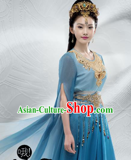 Chinese Ancient Palace Lady Historical Costumes and Hair Crown Drama Oh My Emperor Xia Bing Blue Hanfu Dress