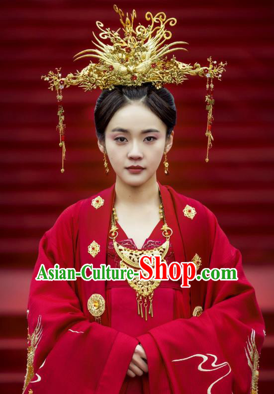 Chinese Ancient Princess Wedding Historical Costumes and Phoenix Coronet Drama Tang Dynasty Tour Li Anlan Red Hanfu Dress