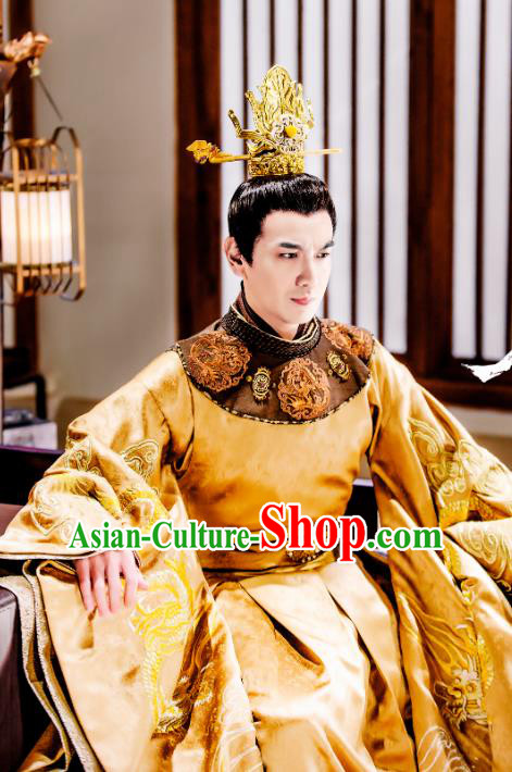 Chinese Ancient Emperor Golden Imperial Robe and Golden Hair Crown Drama Tang Dynasty Tour Li Shimin Costumes