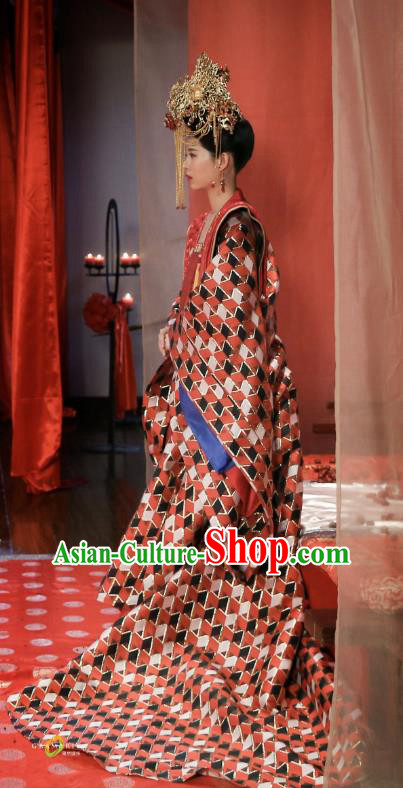 Chinese Ancient Crown Princess Wedding Historical Costumes and Phoenix Coronet Drama Tang Dynasty Tour Su Wan Red Hanfu Dress