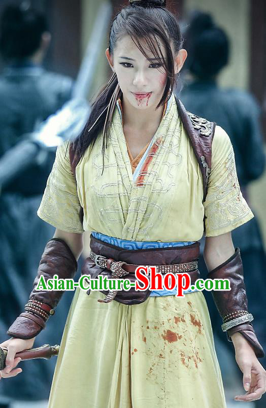 Chinese Ancient Demon Female Swordsman Costume Historical Drama The Taosim Crandmaster Yellow Dress and Headwear